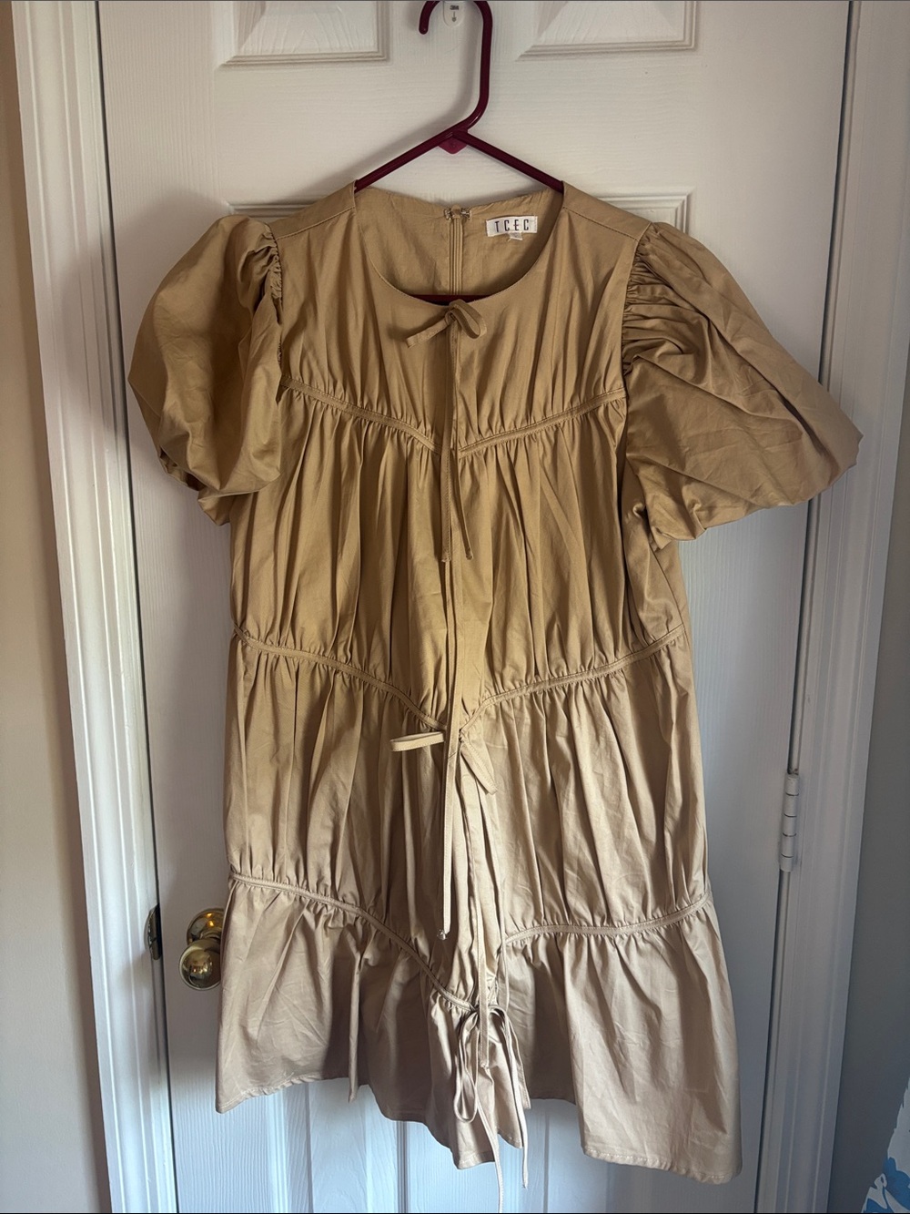 Tan Tiered Puff Sleeve Dress with Front Ties